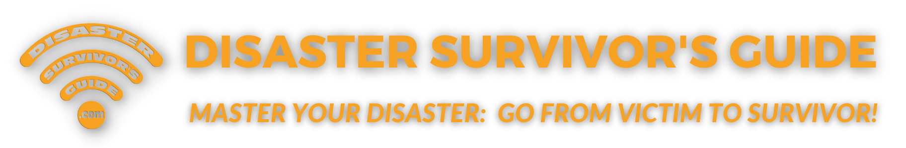 Logo of Disaster Survivor's Guide with beacon graphic on the left and tagline that reads Master Your Disaster: Go From Victim to Survivor!