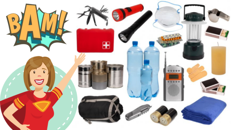 An illustrative image of assorted items needed for a hurricane preparedness kit. The items include a multi-tool, flashlights, mask, lantern, whistle, matches, candles, bandages, blankets, batteries, weather radio, bottled water, canned foods, first aid kit, and a bag to keep them. On the left is a comic book style text bubble reading "Bam!" above an illustrated image of a smiling woman with a superhero cape.