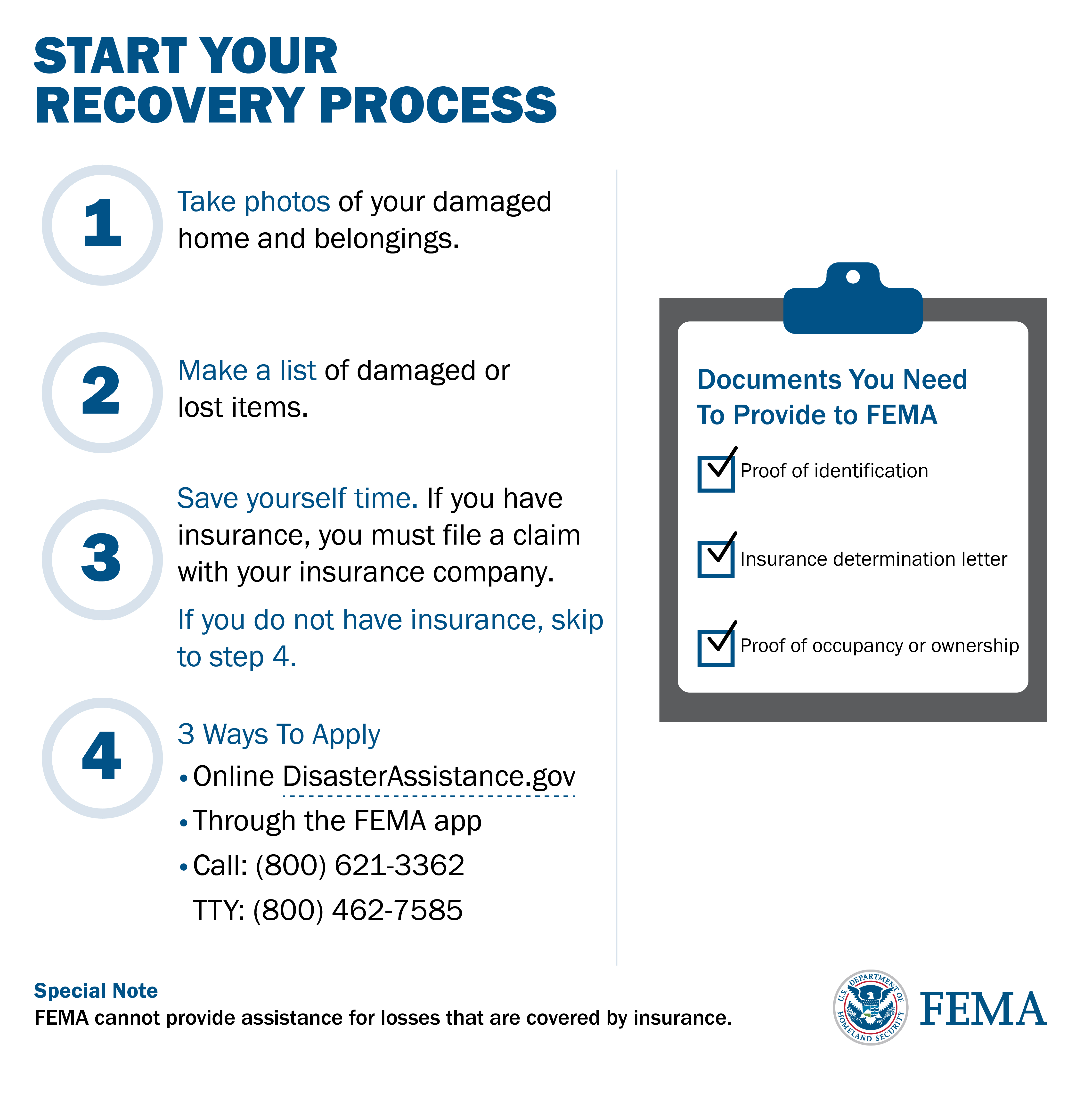 Infographic from FEMA with steps for starting the recovery process.